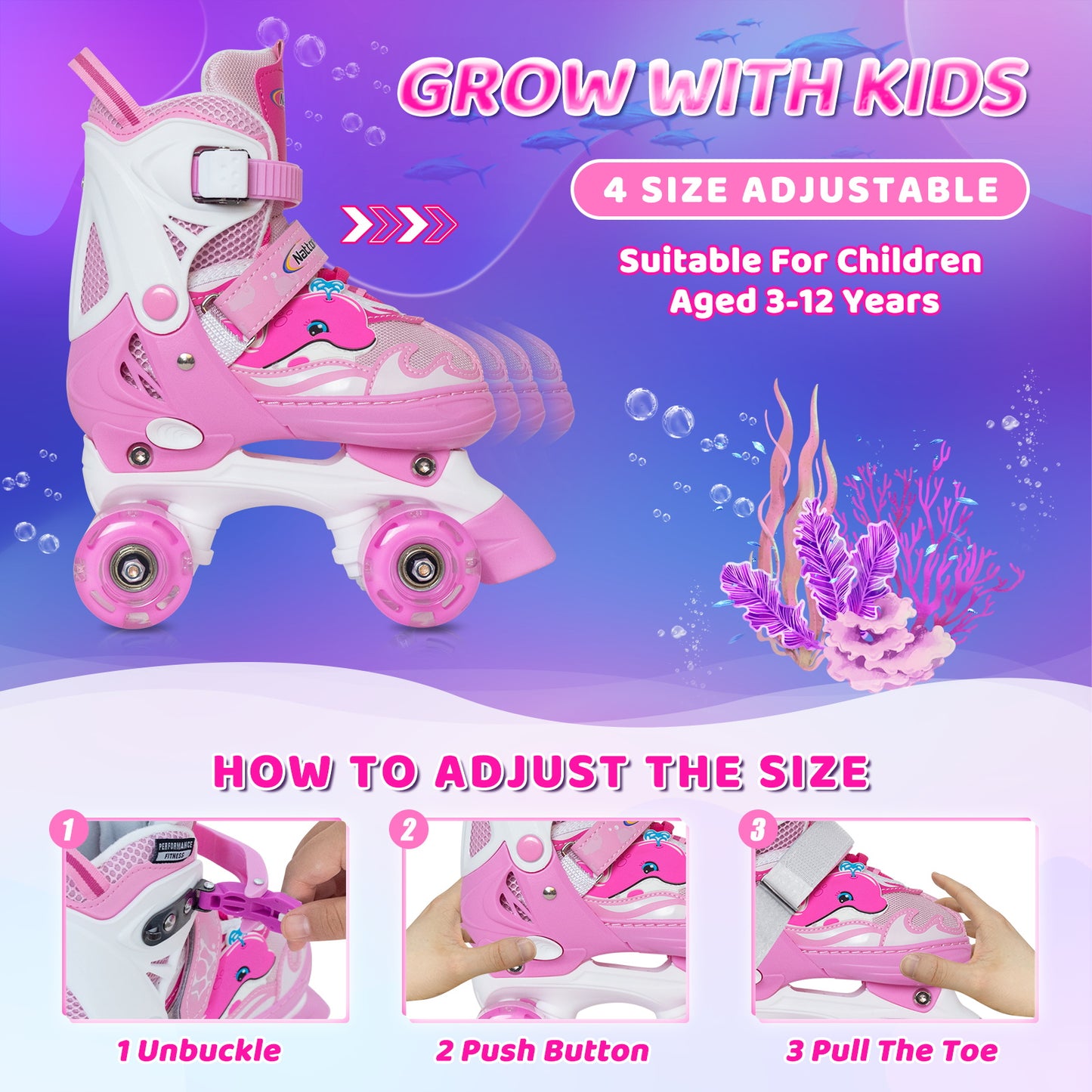 Patines ajustables Nattork para niños - Pink Dolphin
