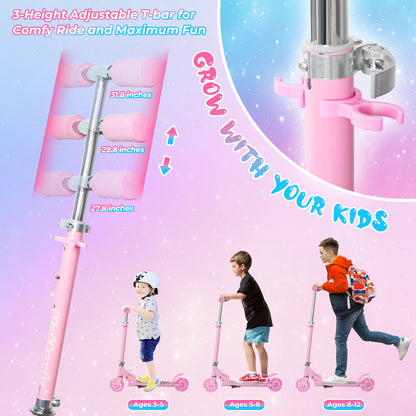 Patinete plegable para niños Nattork con luces, a partir de 3 años, color arcoíris rosa