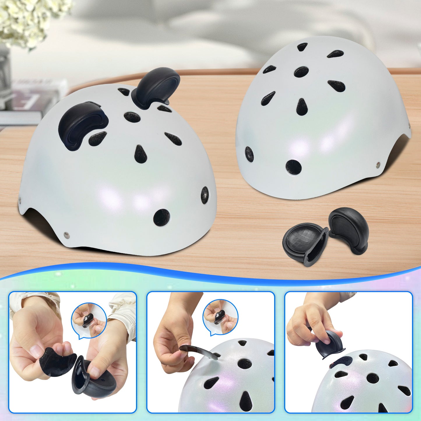 Nattork CYBER PANDA Skate Helmet Protective Gear for Kids - Pearl