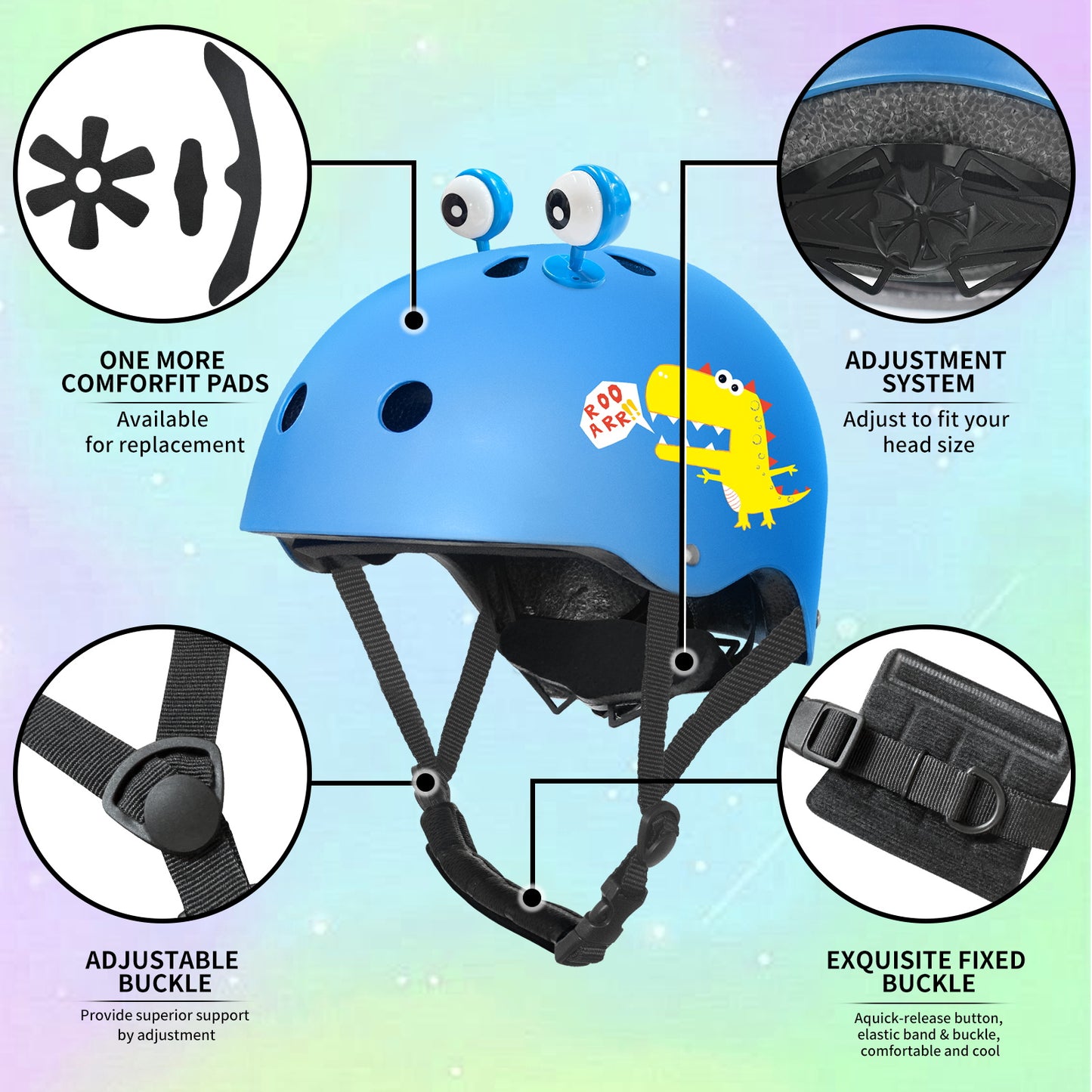 Nattork Skate Helmet Protective Gear for Kids - Blue Dinosaur