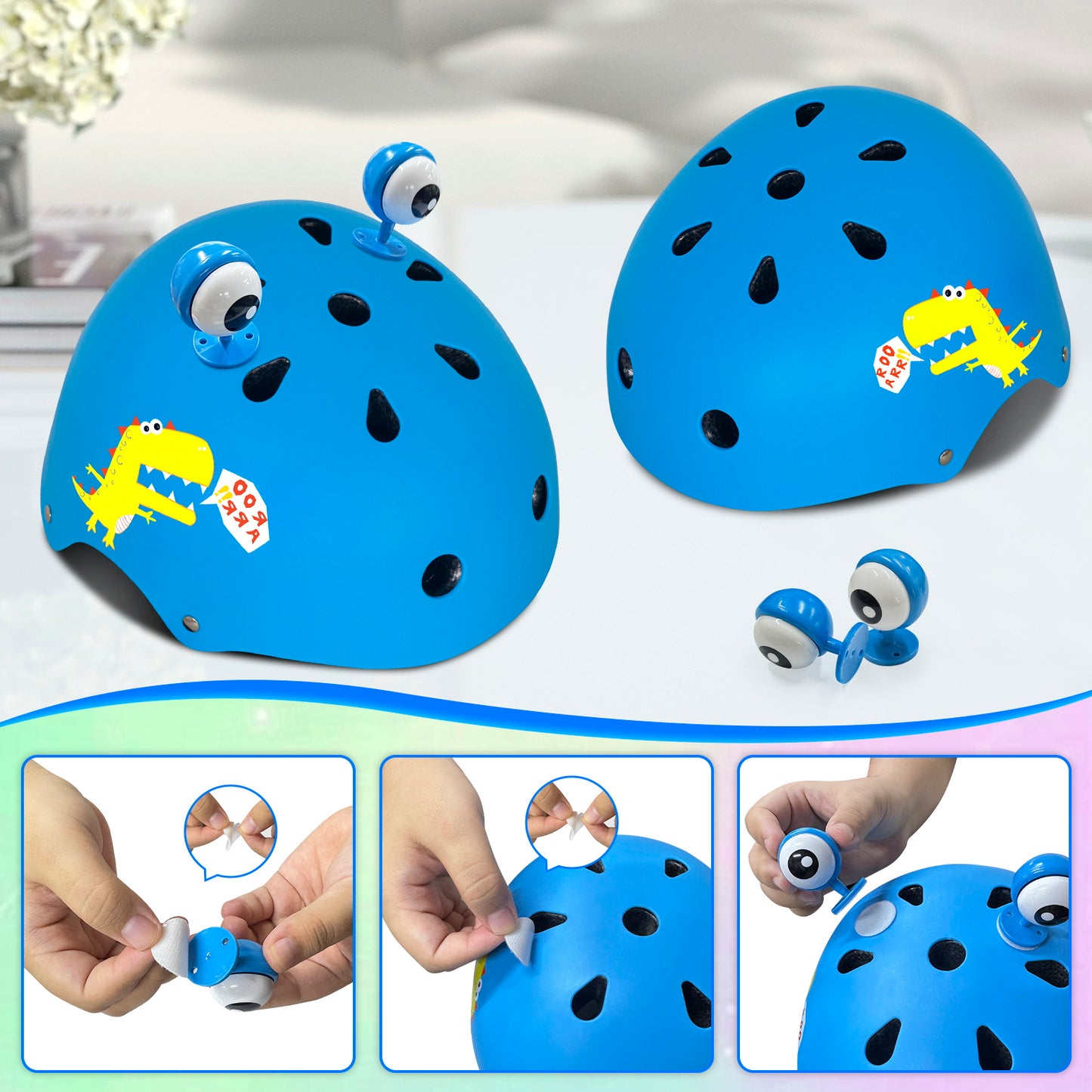 Nattork Skate Helmet Protective Gear for Kids - Blue Dinosaur