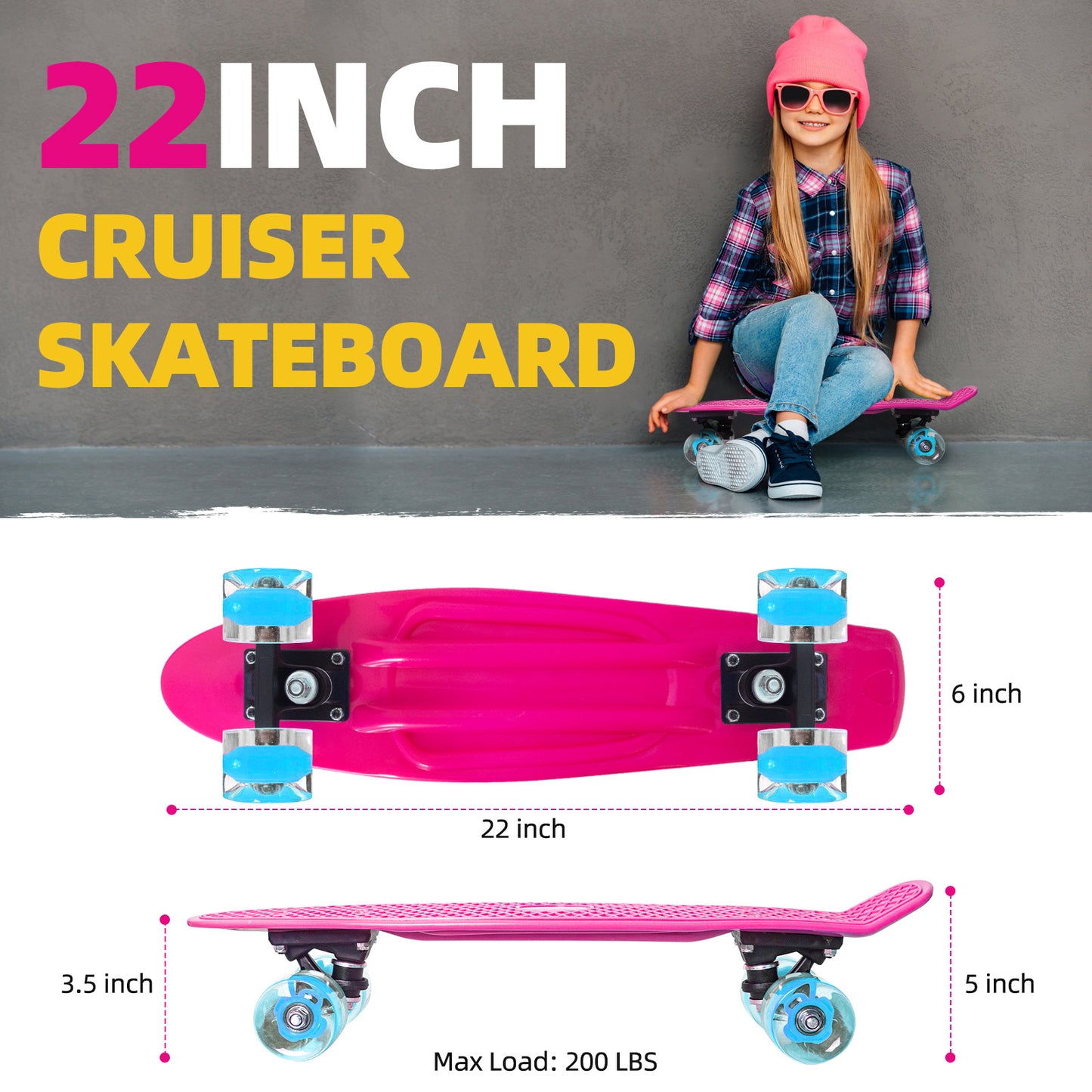 Nattork Skateboards 22 Inch - Pink Mini Cruiser