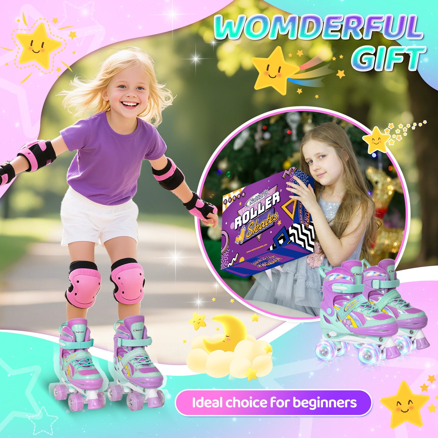Nattork Adjustable Roller Skates for Kids - Rainbow Star Purple & Teal