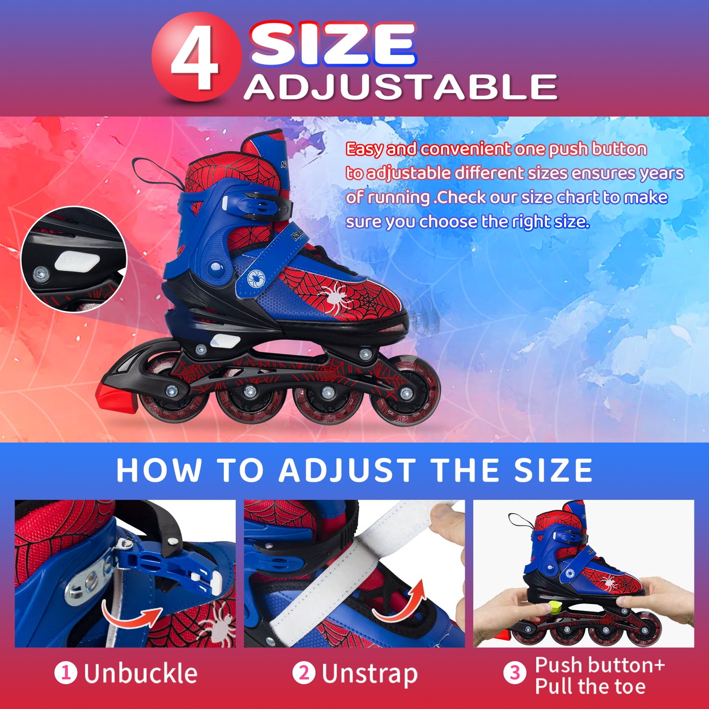 Nattork SPIDER Adjustable Inline Skates for Kids - Blue & Red