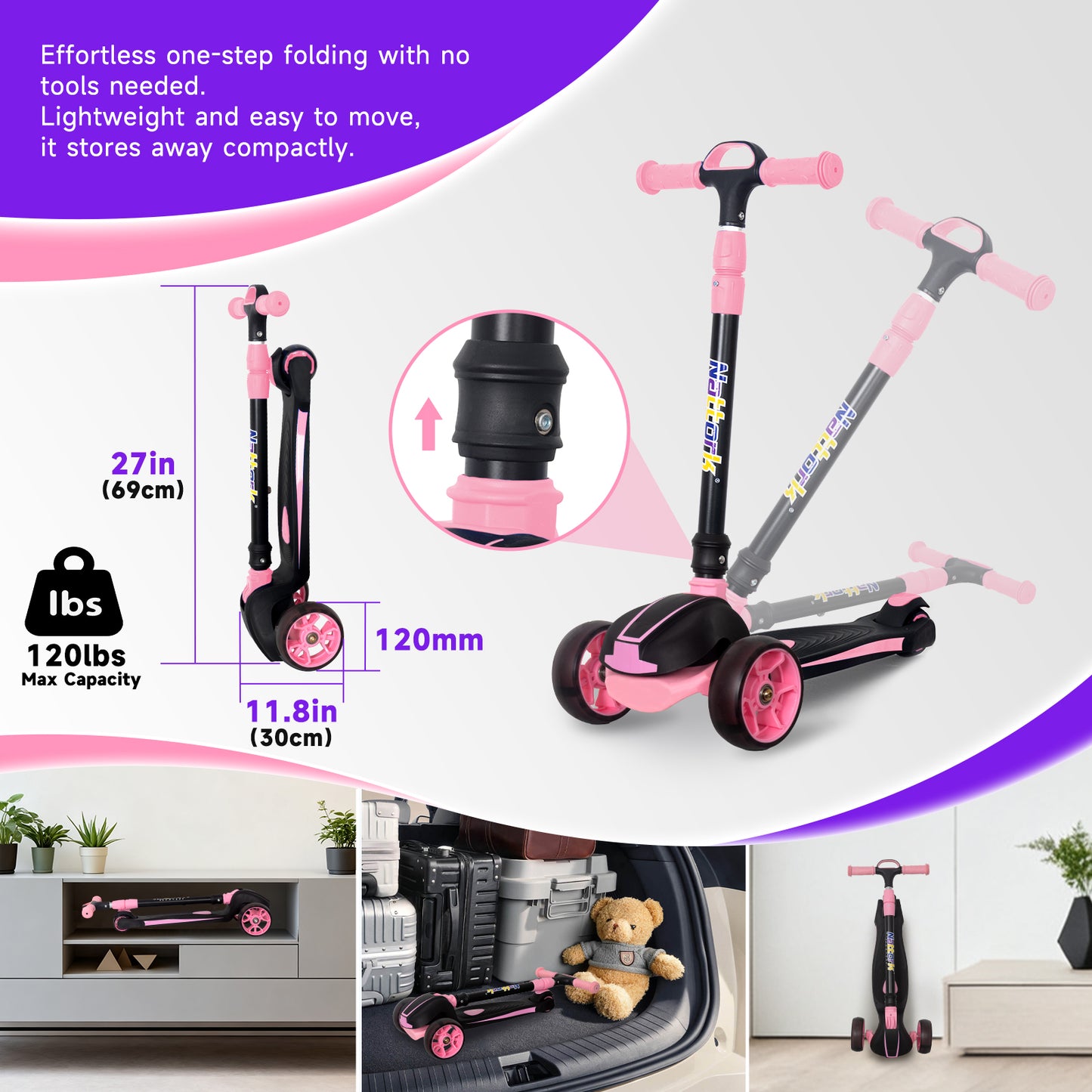 Nattork Foldable Light-Up 3-Wheel Scooter for Kids Ages 3–12 - Pink