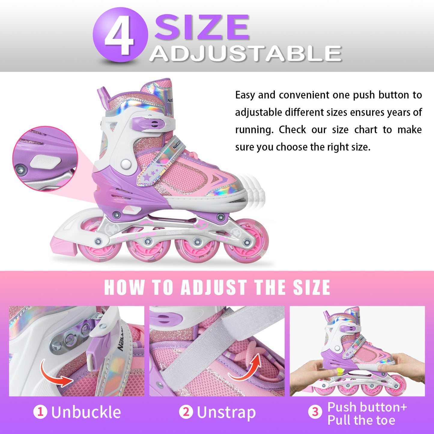 Nattork Adjustable Inline Skates for Kids - Lavender