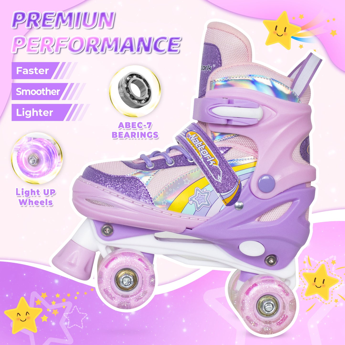 Nattork Adjustable Roller Skates for Kids - Rainbow Star Purple & Pink