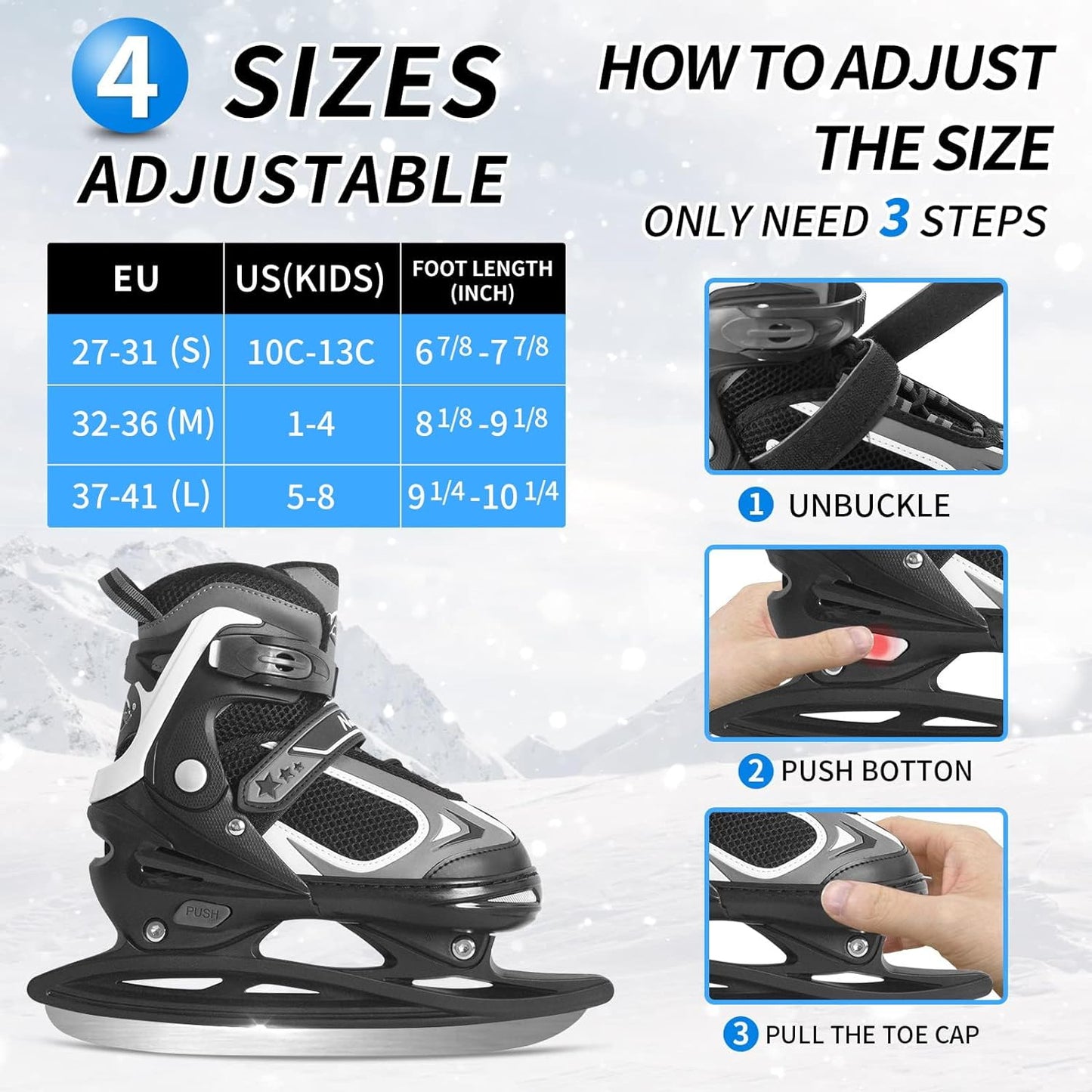 Nattork Adjustable Ice Skates - Black