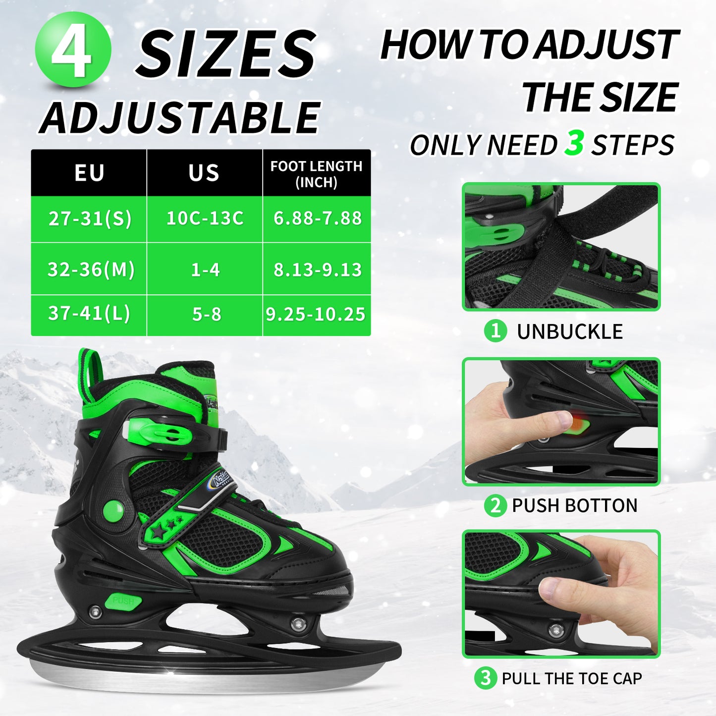 Nattork Adjustable Ice Skates for Kids - Green