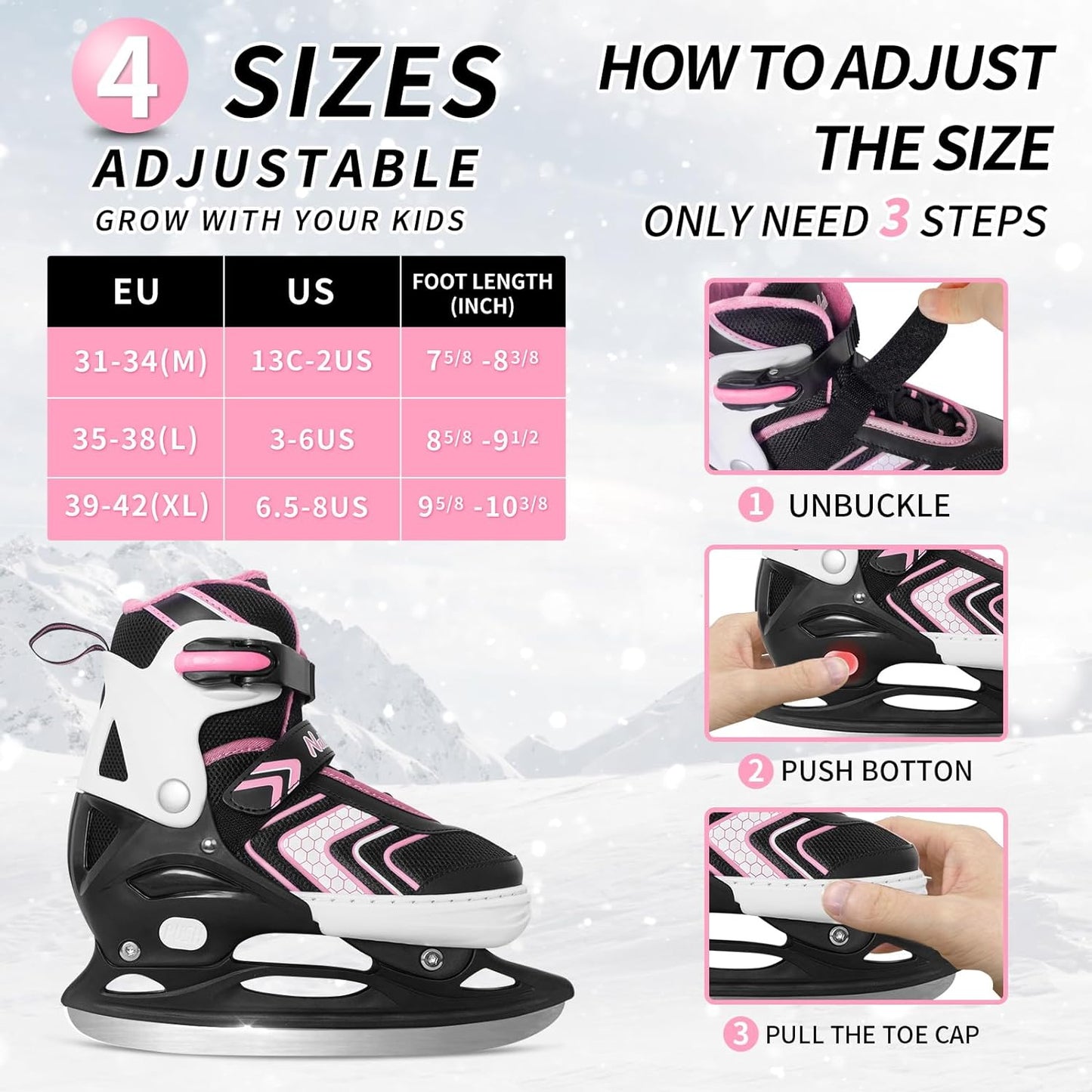 Nattork Adjustable Ice Skates - Pink