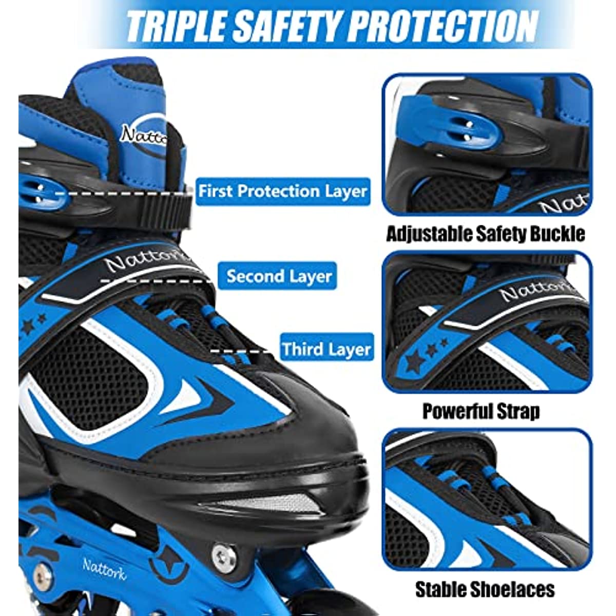 Nattork Adjustable Inline Skates for Kids Blue