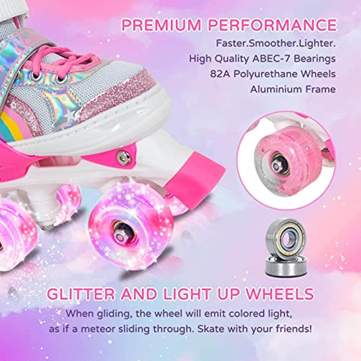 Nattork Adjustable Roller Skates for Kids - Pink