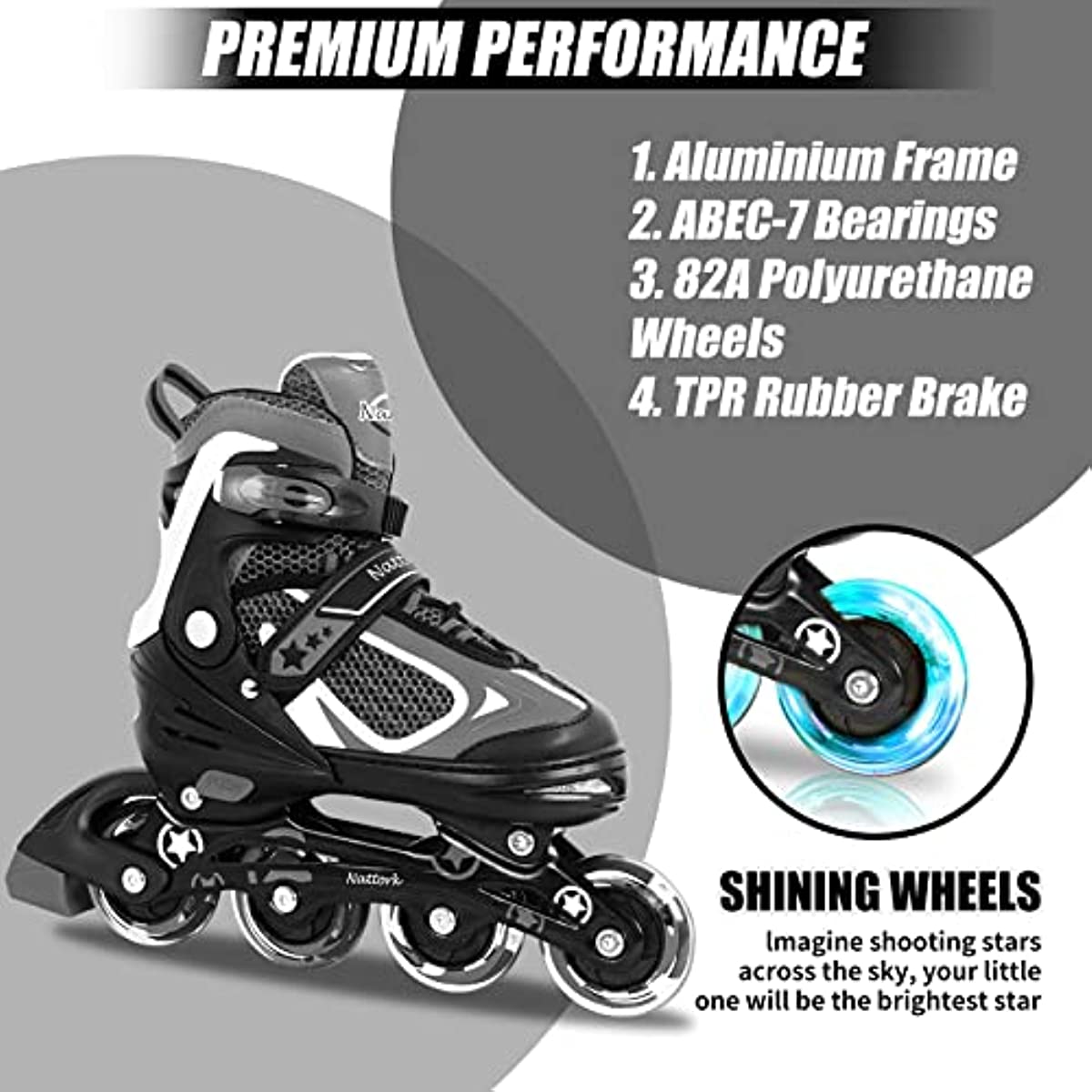 Nattork Adjustable Inline Skates for Kids - Black