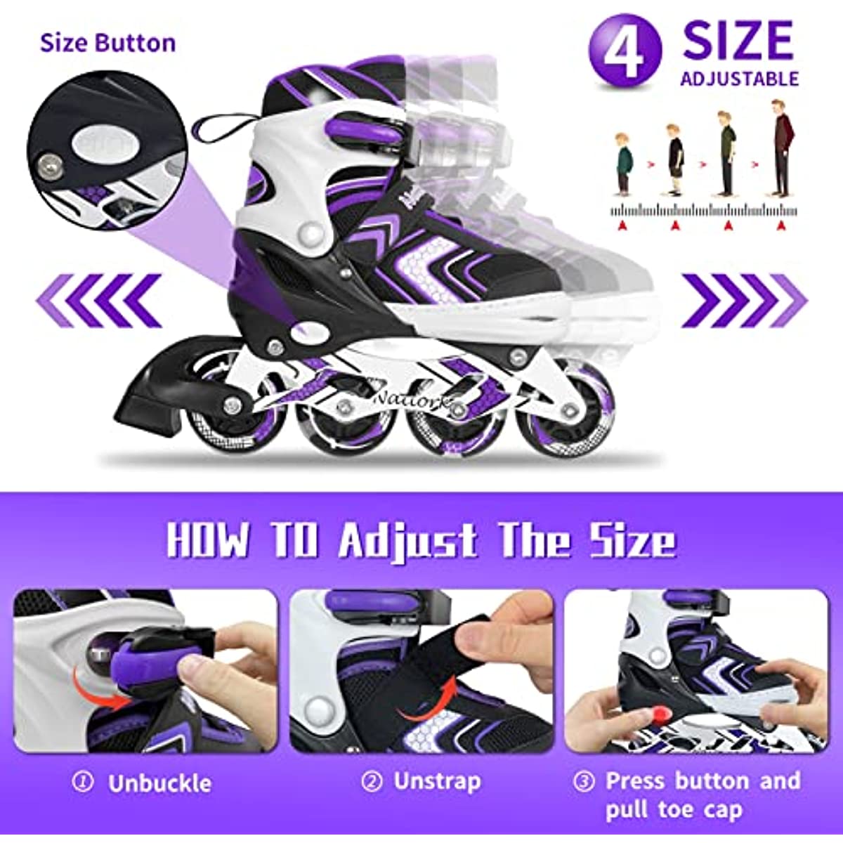 Nattork Adjustable Inline Skates for Kids - Purple