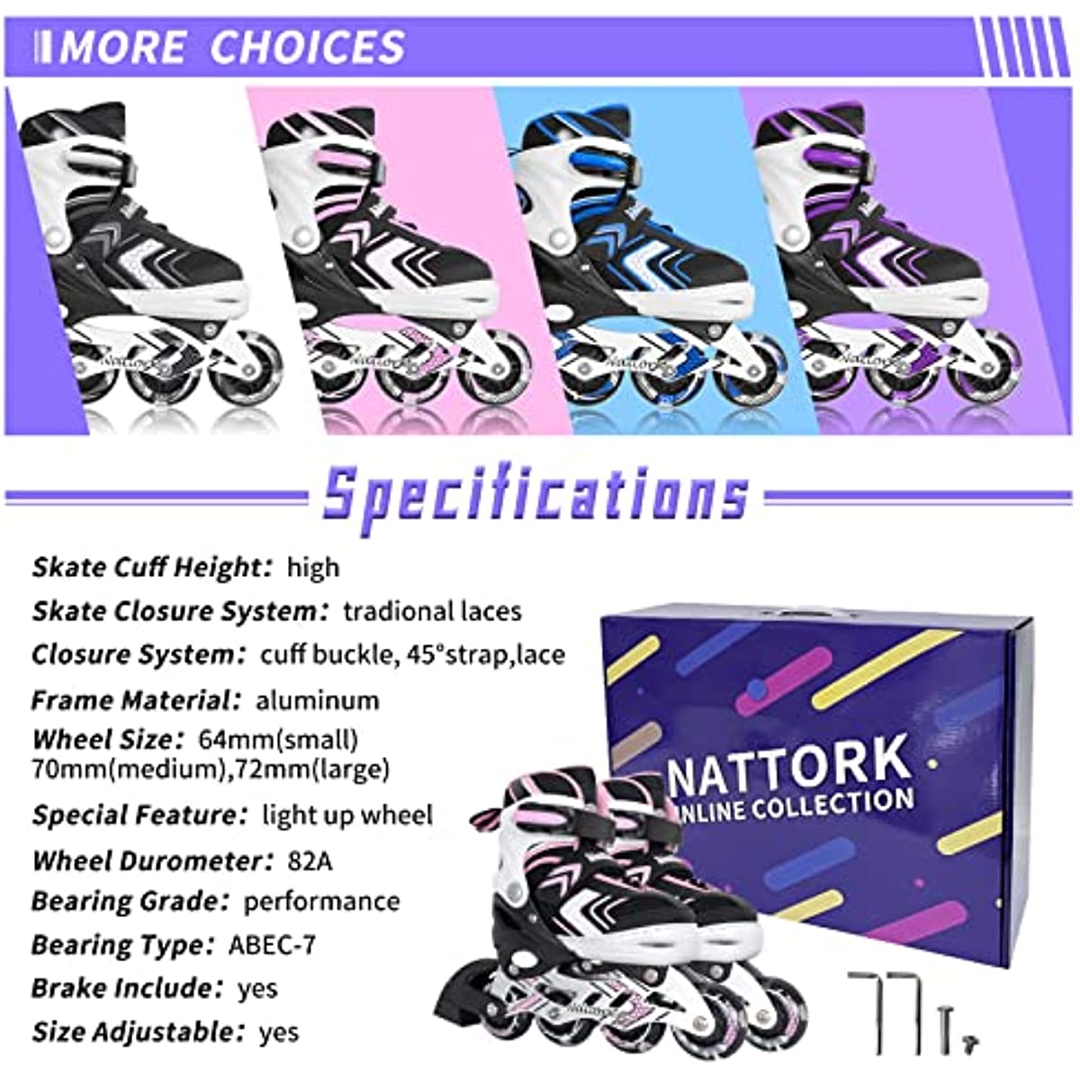 Nattork Adjustable Inline Skates for Kids - Pink