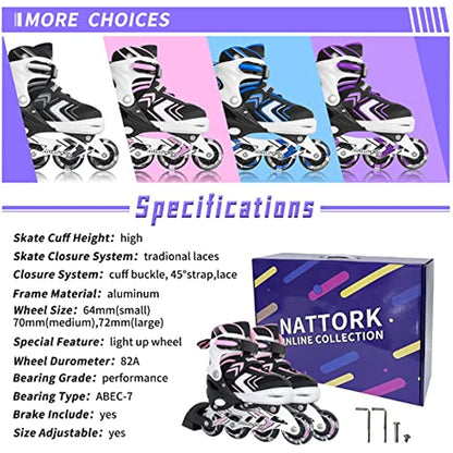 Nattork Adjustable Inline Skates for Kids - Pink