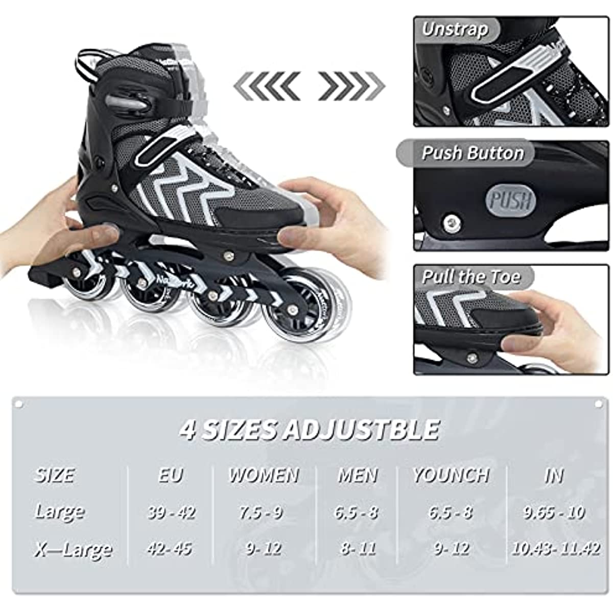Nattork Adjustable Inline Skates - Black