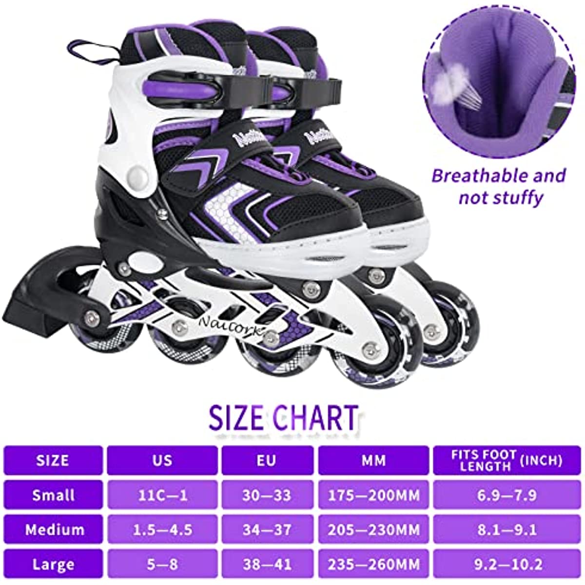 Nattork Adjustable Inline Skates for Kids - Purple