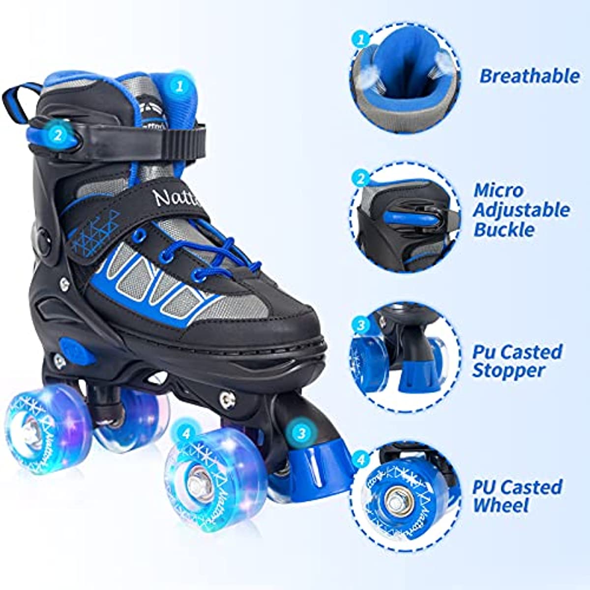 Nattork Adjustable Roller Skates for Kids - Black & Blue